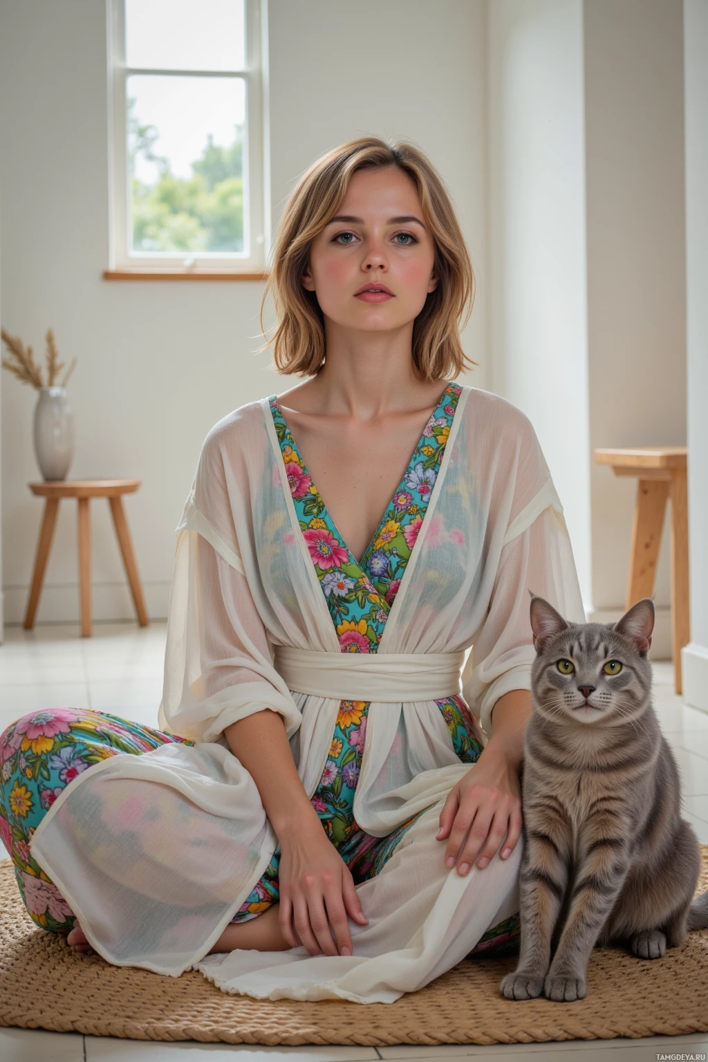 A person and a cat sit together on a woven mat in a softly lit room.