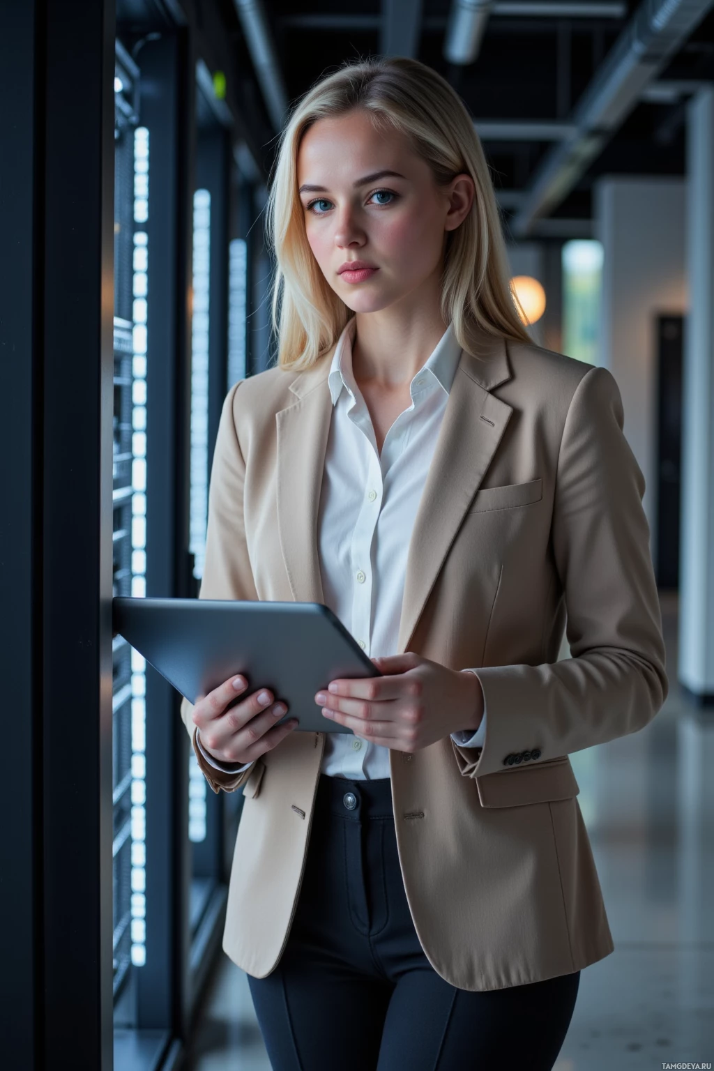 A woman in professional attire holds a tablet while standing near a window in an office setting.