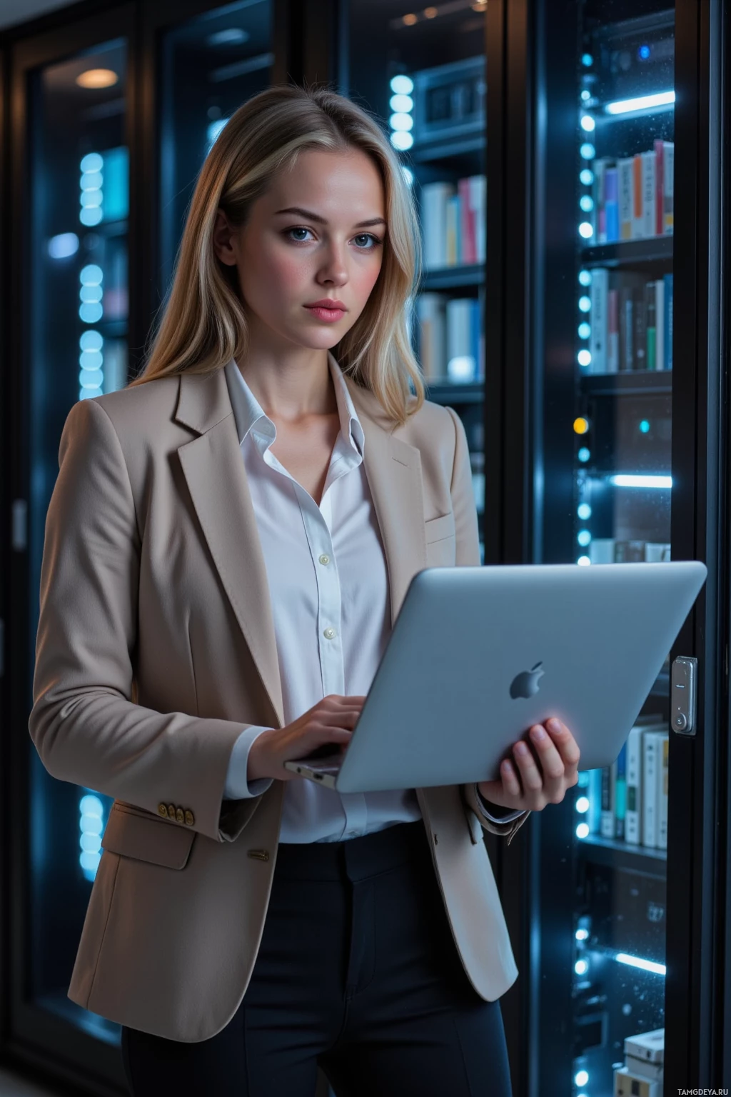 A woman in a professional outfit is using a laptop in a modern office setting.