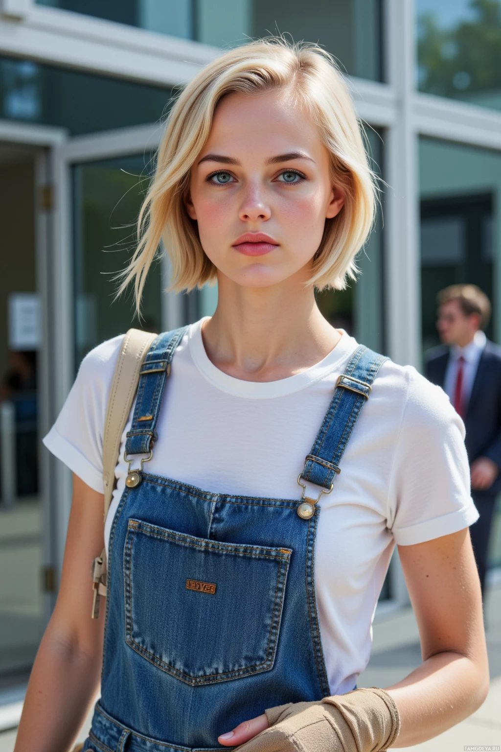 A person wearing denim overalls and a white t-shirt stands outdoors with a backpack strap visible on their shoulder.