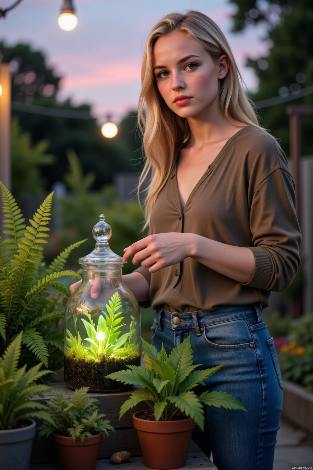 A person stands beside a glass terrarium with plants inside, surrounded by other potted plants.