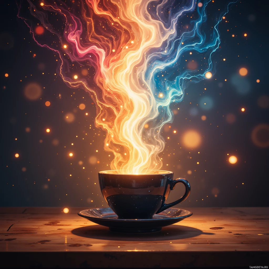 A cup and saucer emit vibrant, swirling colors of orange, yellow, blue, and purple against a dark background with glowing particles.