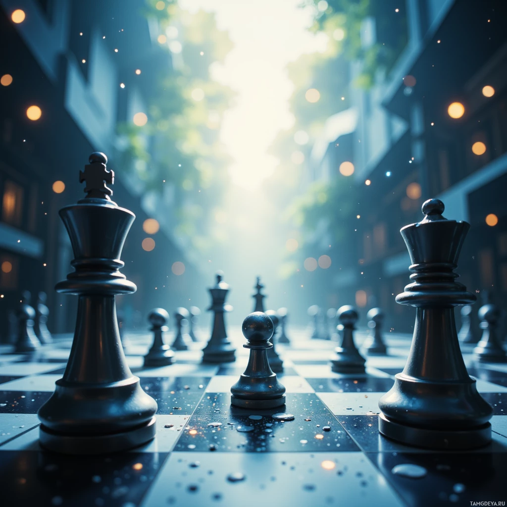 A chessboard with black pieces set up in an urban alleyway under bright sunlight.
