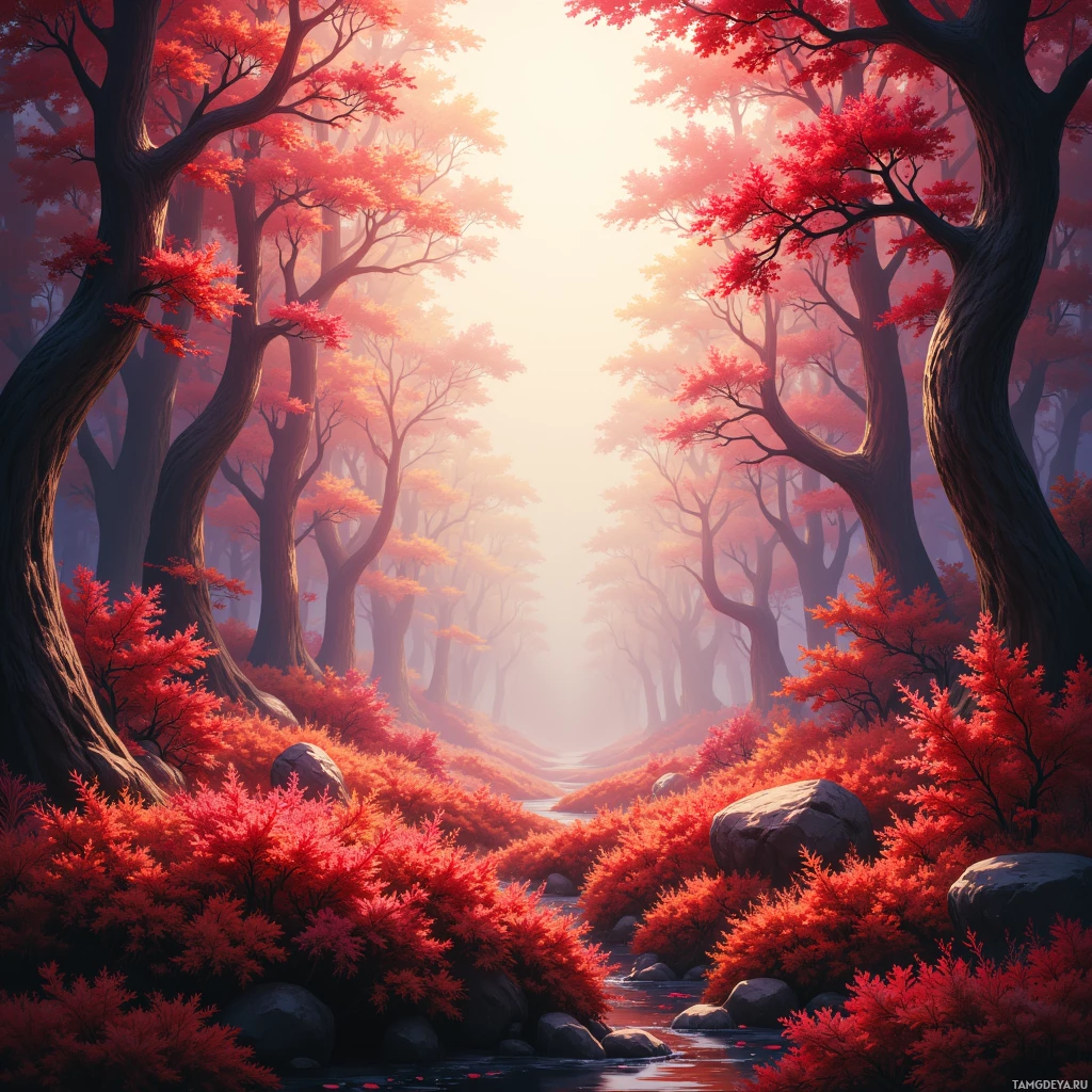 A serene forest scene with vibrant red foliage and a misty path.