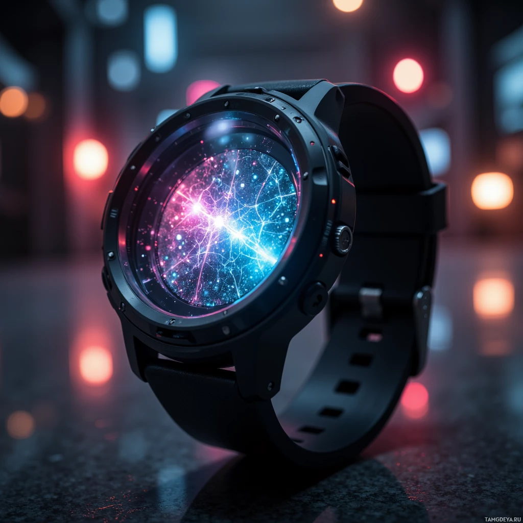 A futuristic watch with a glowing, cosmic display.