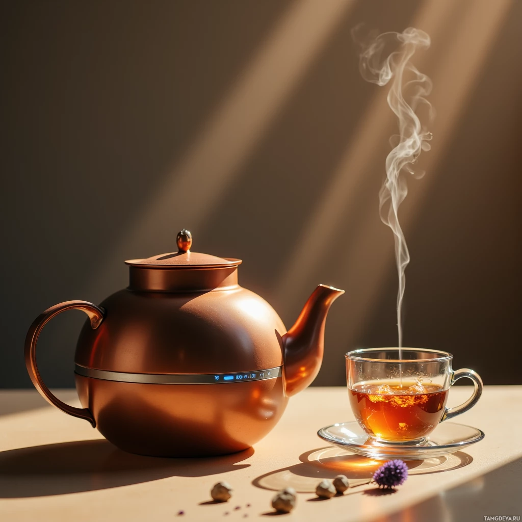 A teapot and glass cup with tea, steam rising, set against warm light rays on a table.
