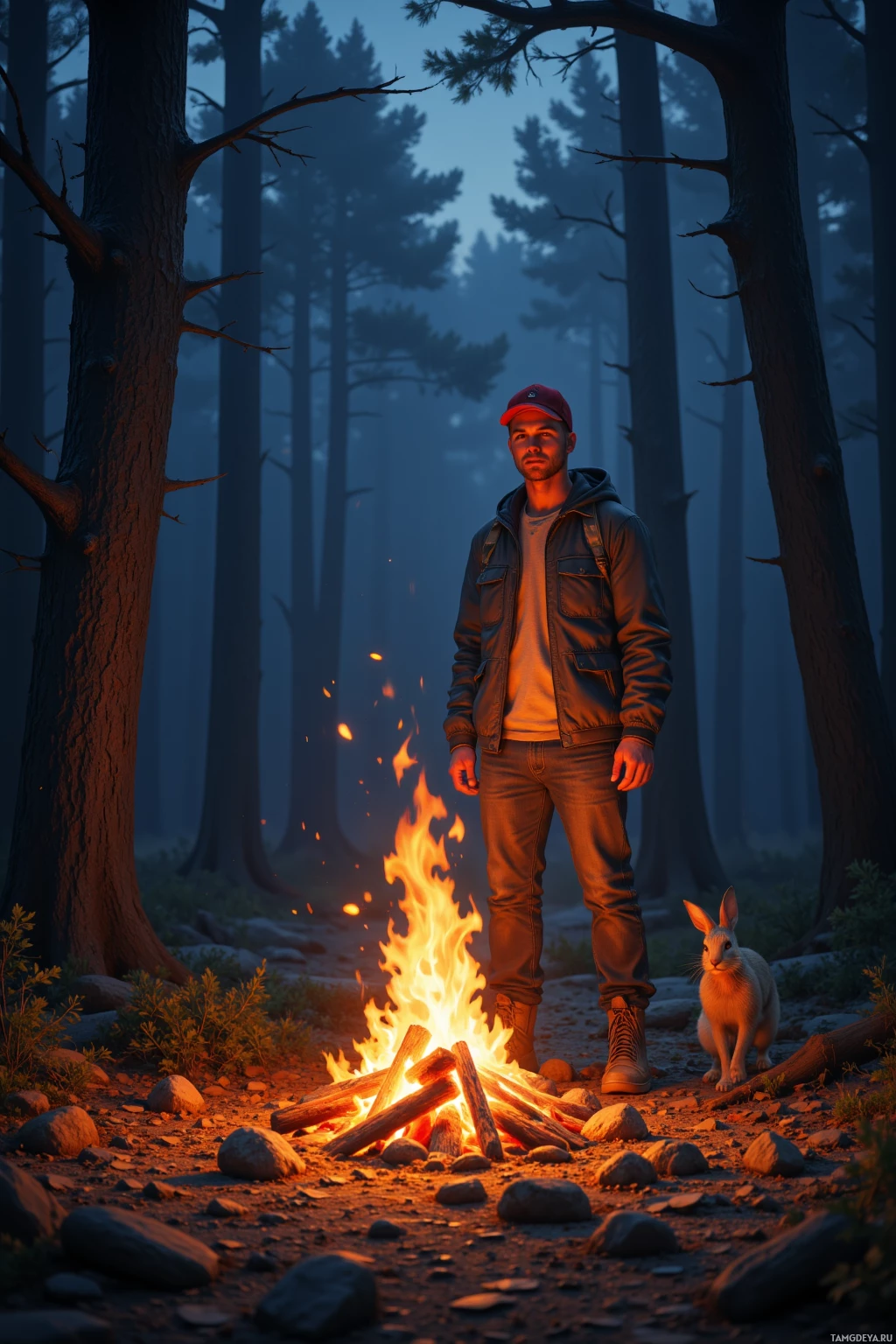 A person stands beside a campfire in a forest, with a rabbit nearby.