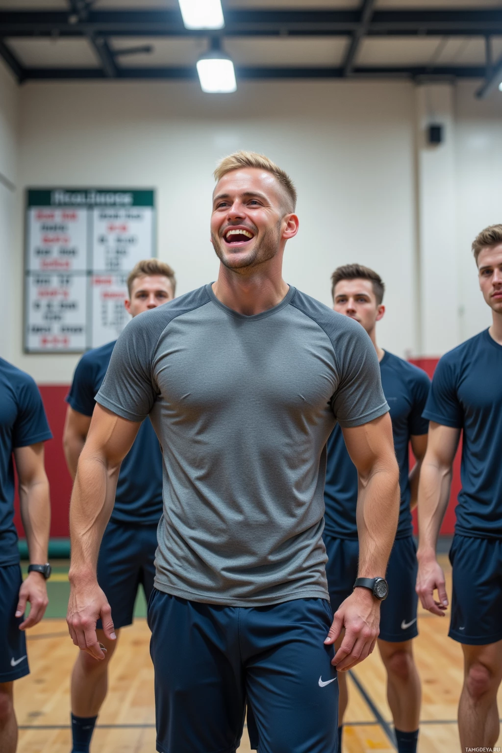 A man in a gym setting, wearing athletic attire, smiles while others stand behind him.