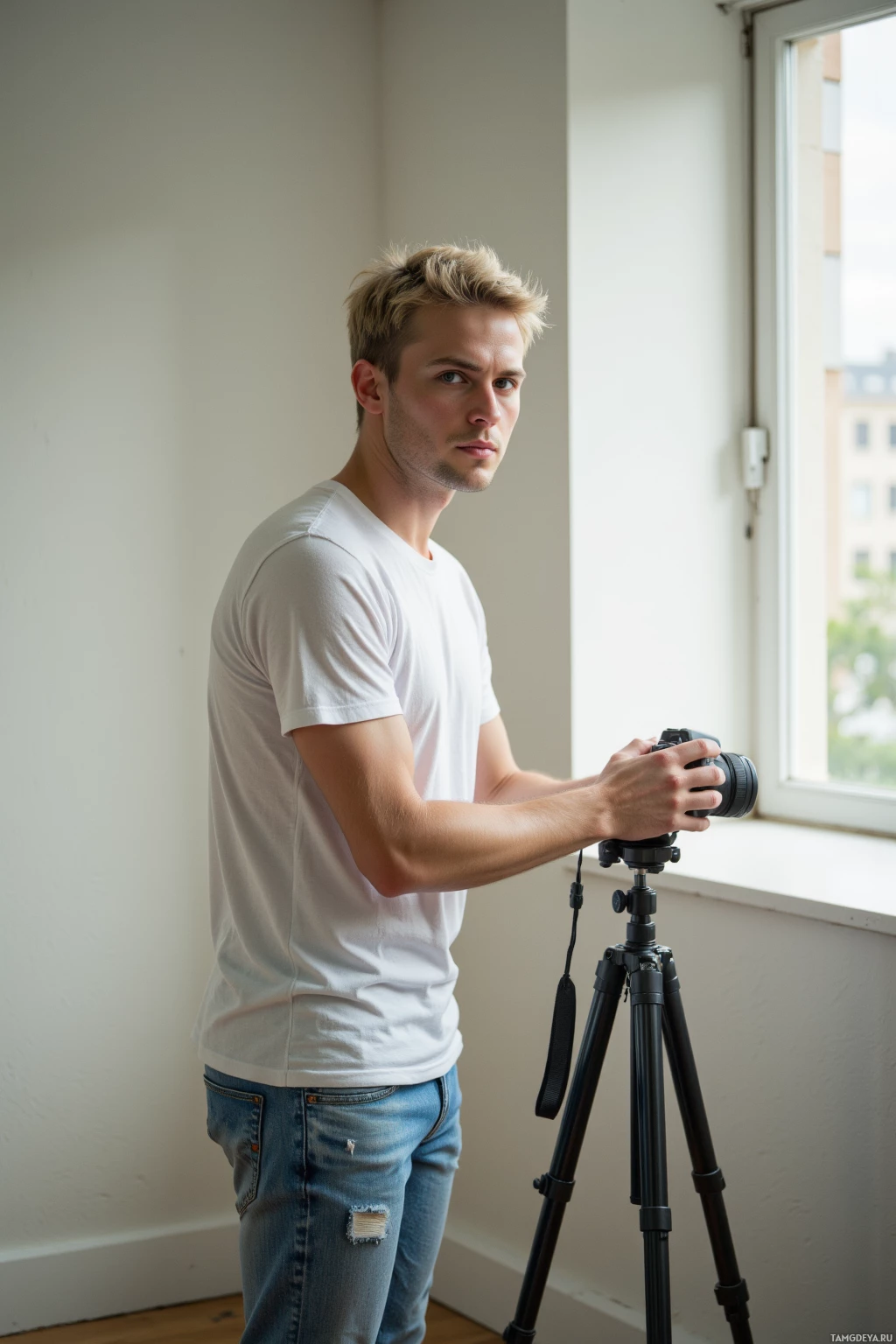 A person stands by a window holding a camera on a tripod.