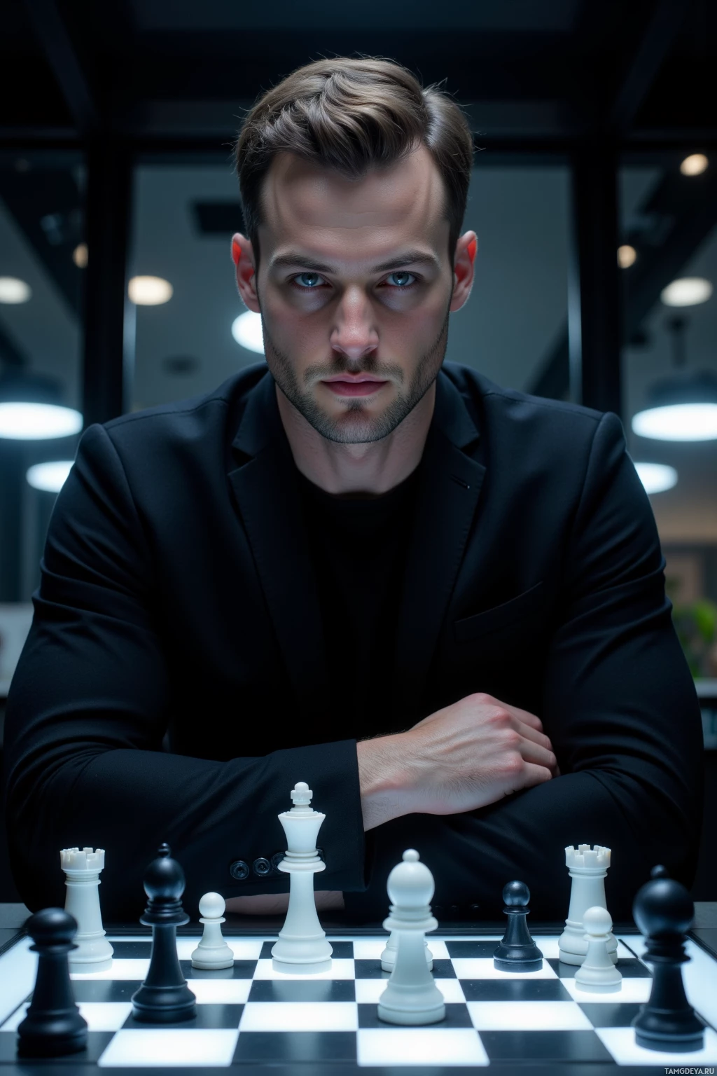 A person in a suit sits at a chessboard, focused on the game.