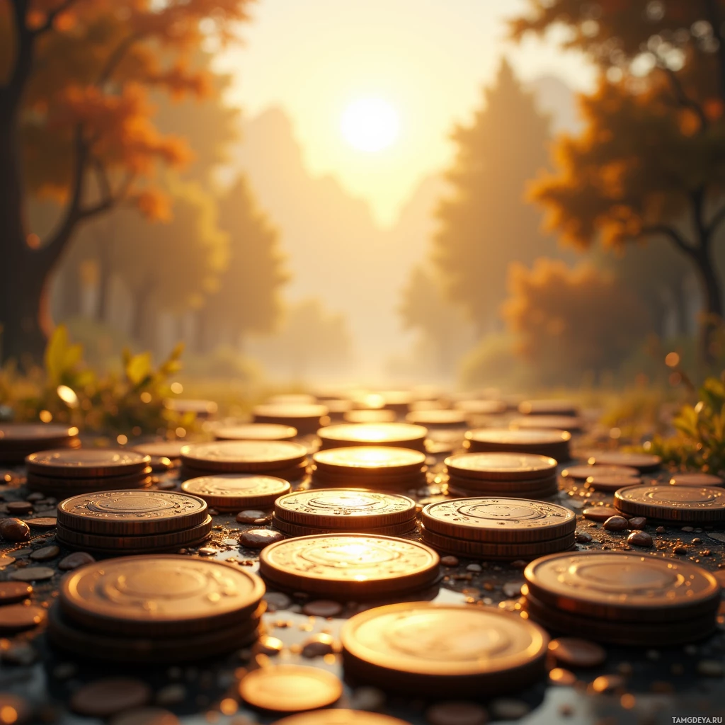 Stacks of coins in a forest at sunset.