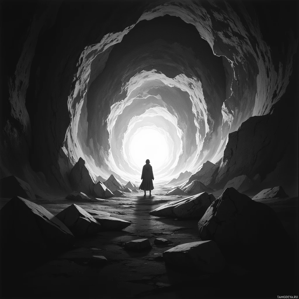 A lone figure stands at the entrance of an expansive cave, facing bright light at the end.