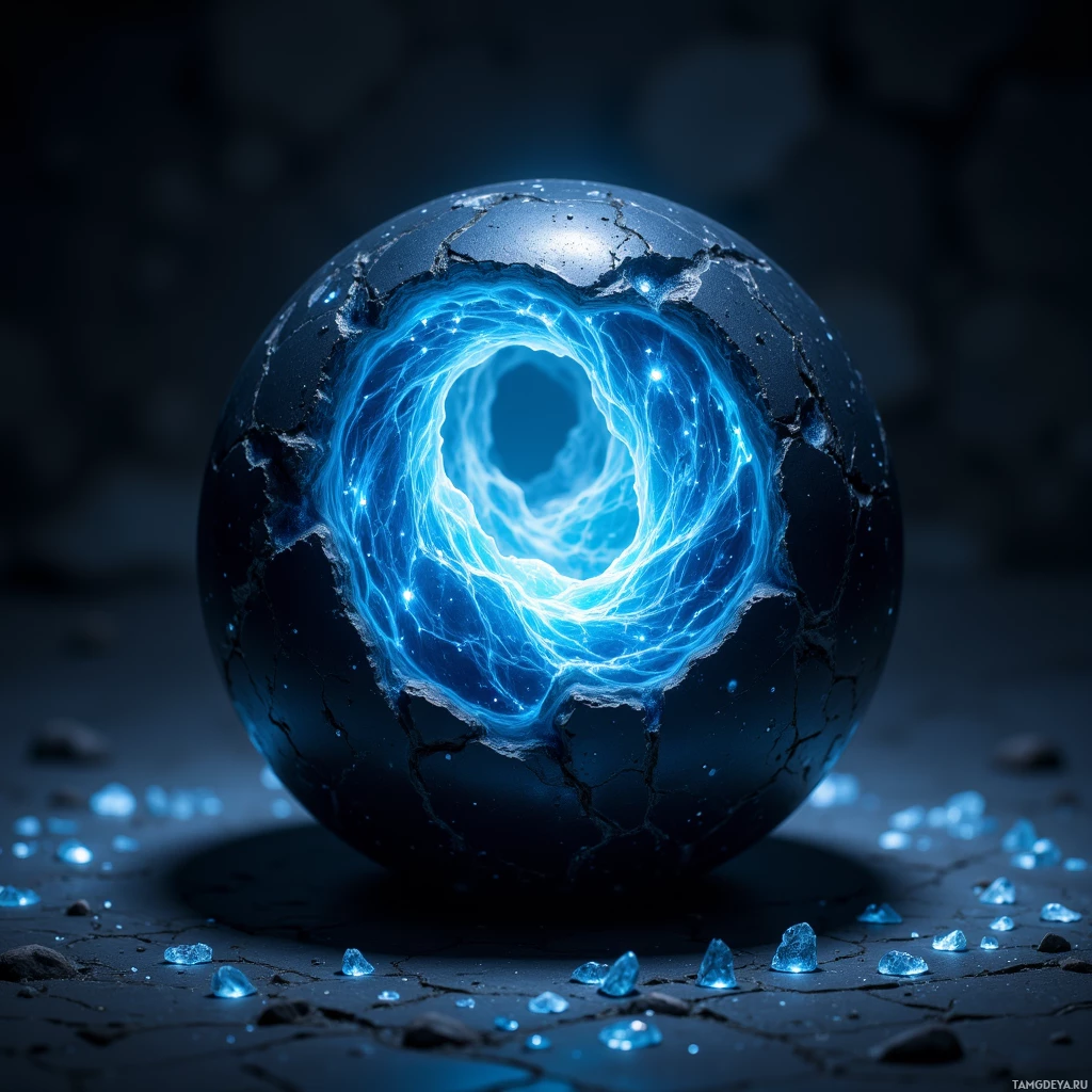 A glowing blue portal within a cracked, dark sphere.