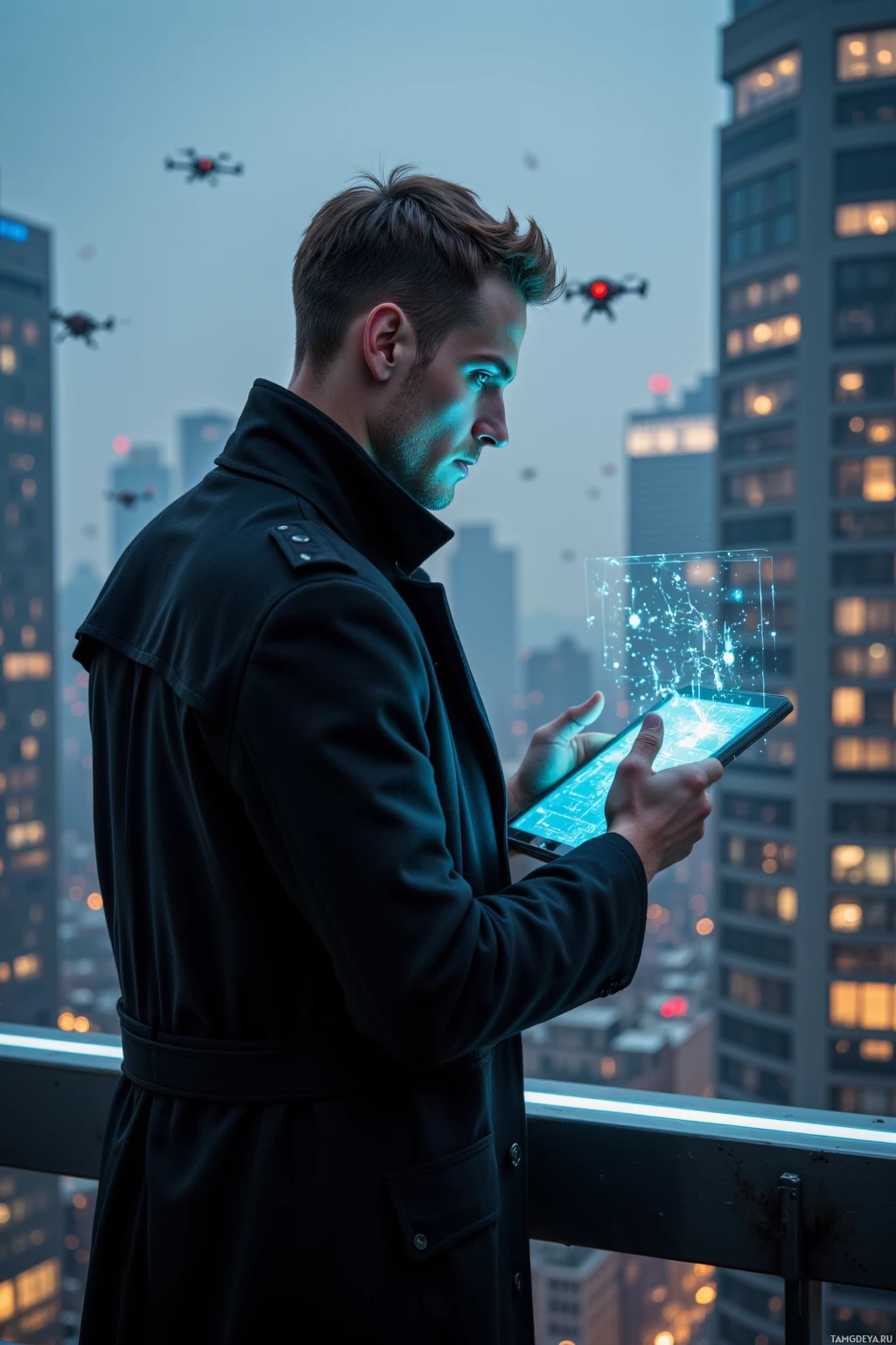 A person stands on a rooftop overlooking a cityscape, holding a tablet with a holographic display, while drones fly in the sky.