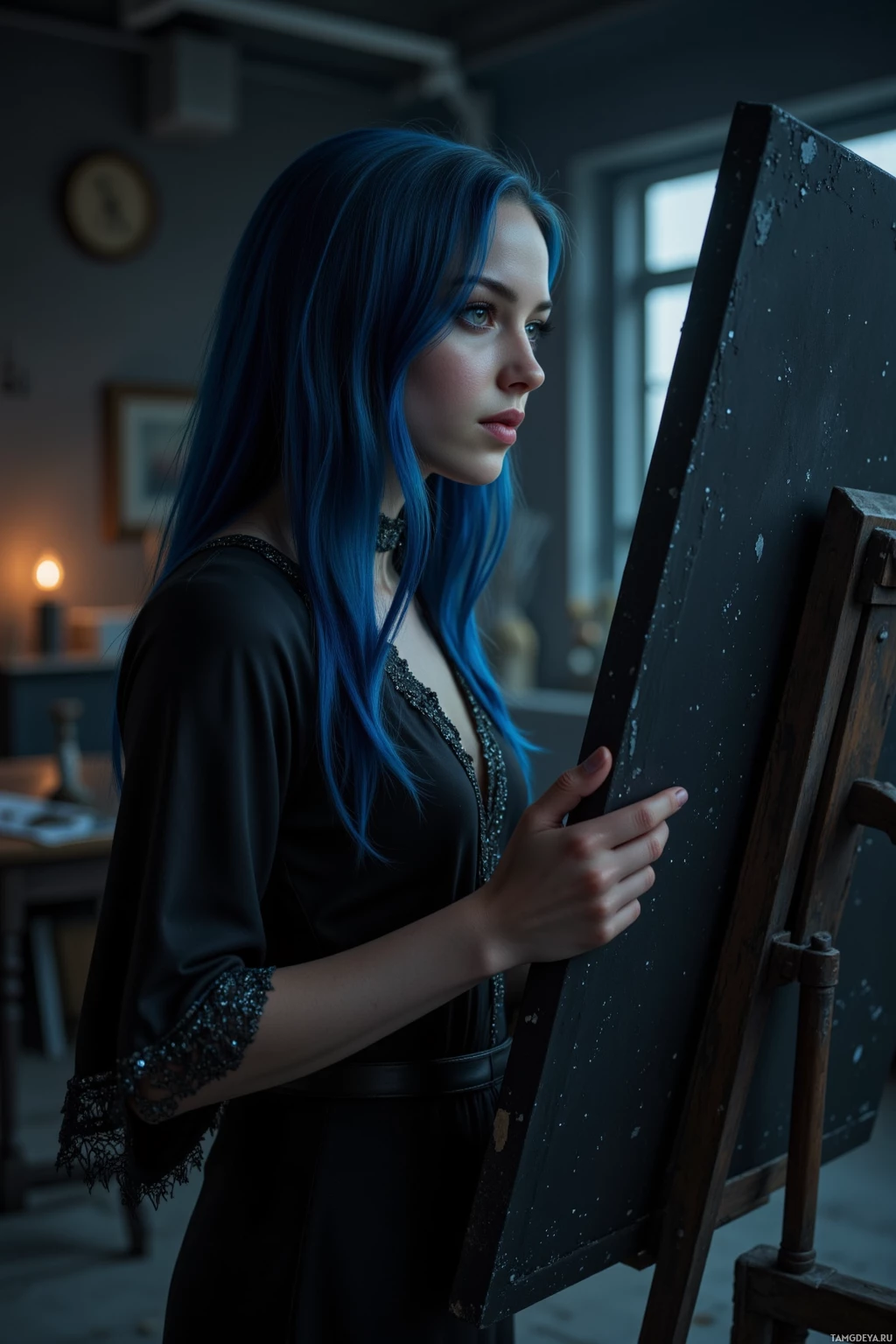 A person with blue hair stands in front of an easel, holding it steady while wearing a dark dress and lace cuffs.