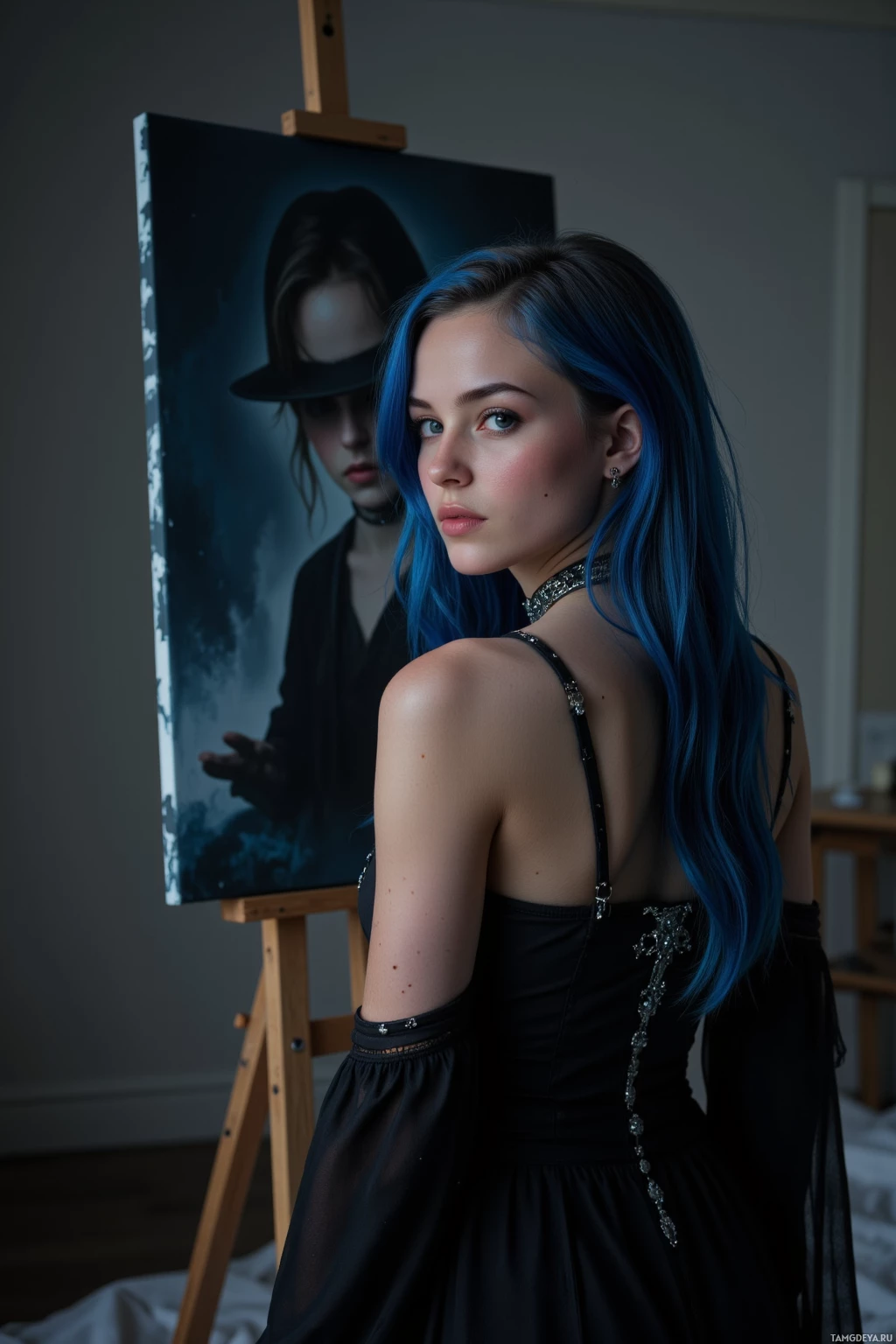 A person with blue hair stands in front of an easel with a painting of a figure in a hat.