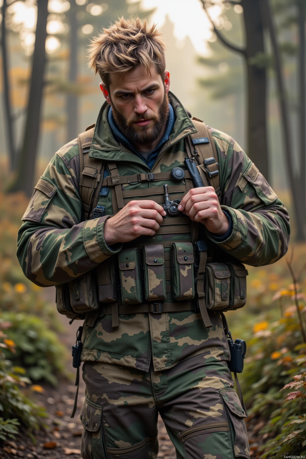 A person in camouflage military attire is adjusting their tactical vest in a forest setting.