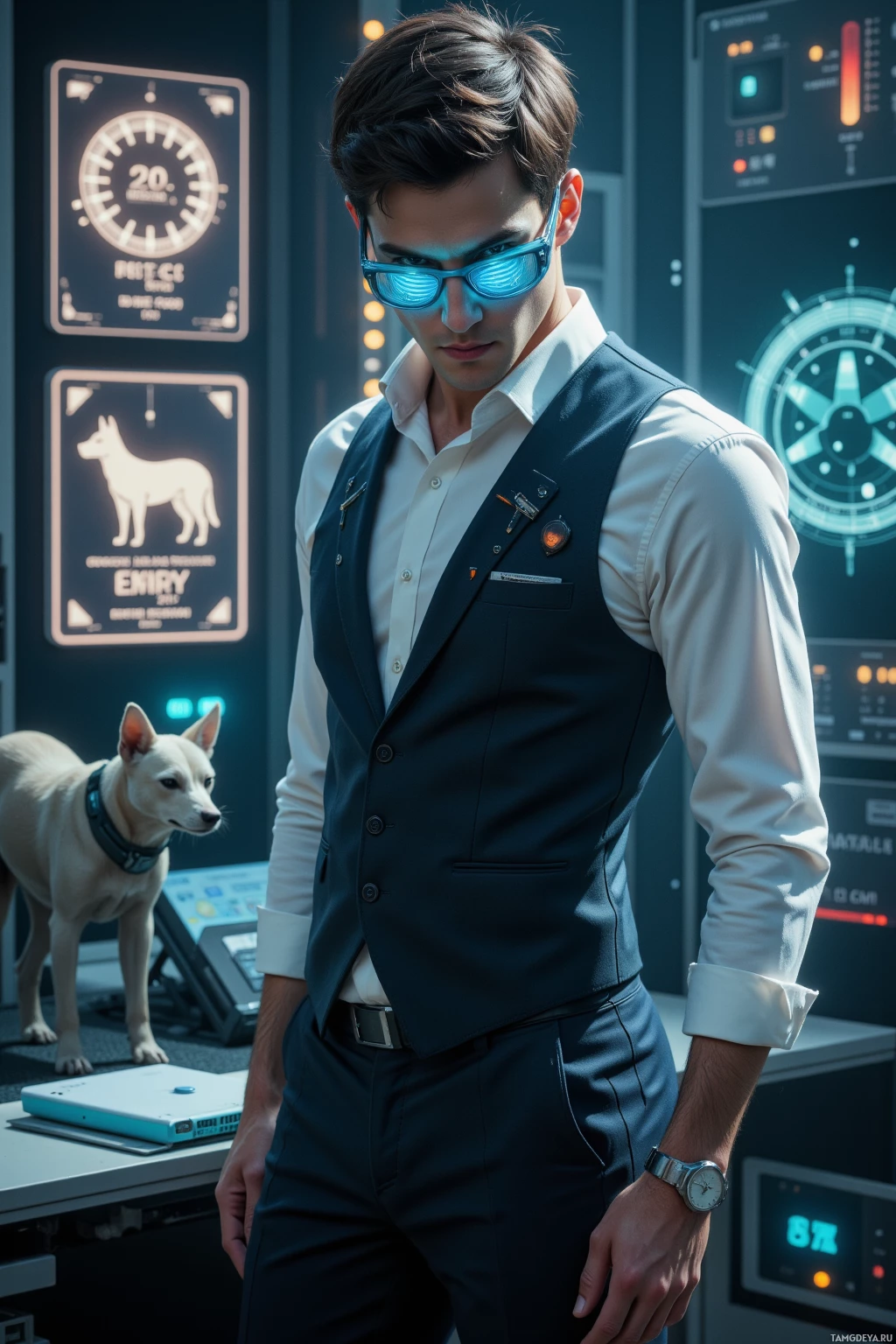 A person in a futuristic setting with a dog in the background.