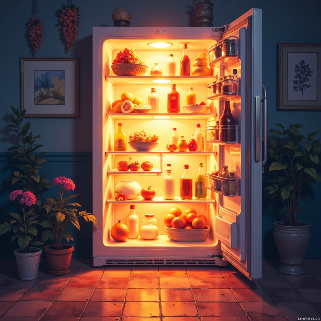An open refrigerator filled with various fruits, vegetables, and beverages.
