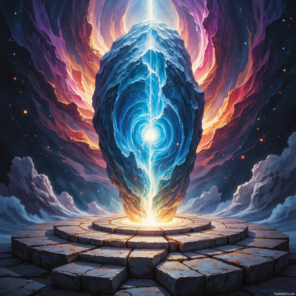 A glowing stone structure emits radiant light against a cosmic backdrop.