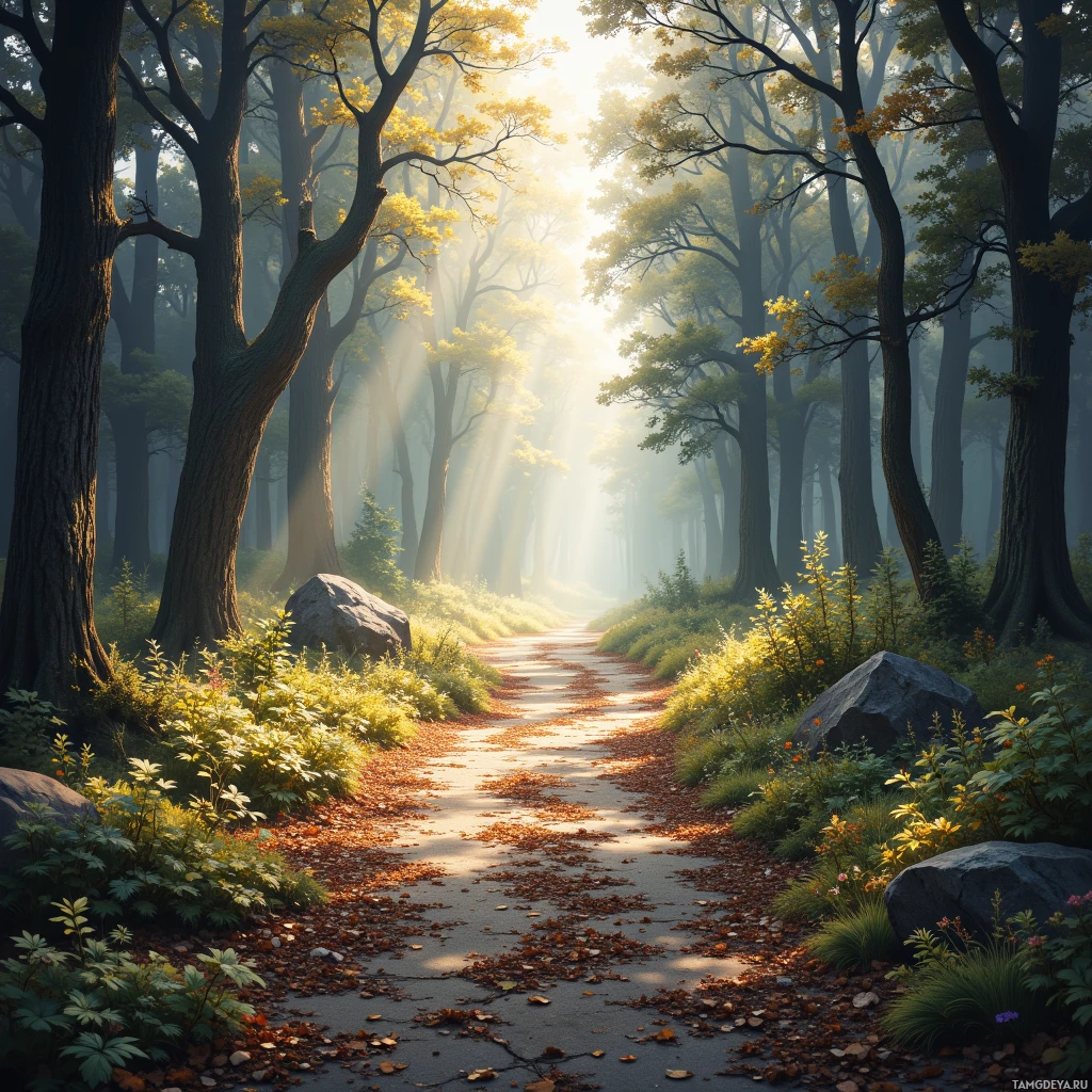 A serene forest path lined with tall trees and scattered leaves, bathed in soft sunlight.