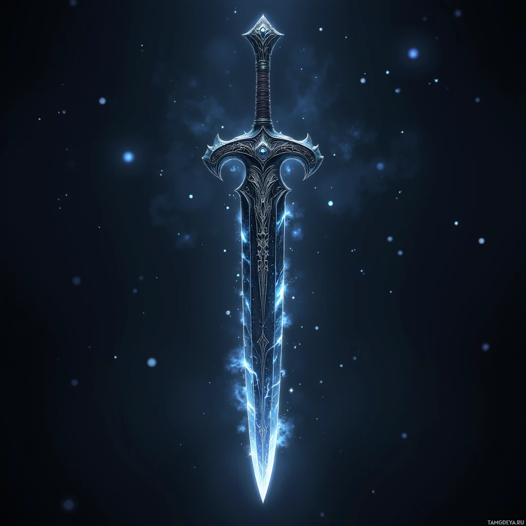 A glowing sword with intricate designs and blue energy emanating from it against a dark background.