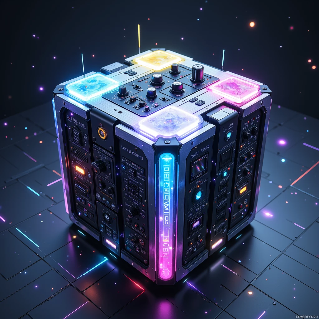 A futuristic, illuminated cube with glowing panels and control knobs.