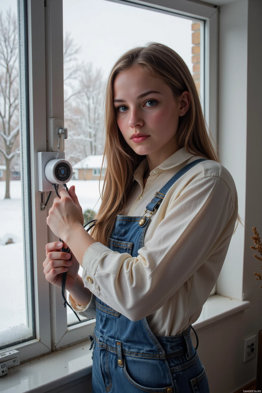 A person wearing a white shirt and denim overalls is holding a security camera near a window.