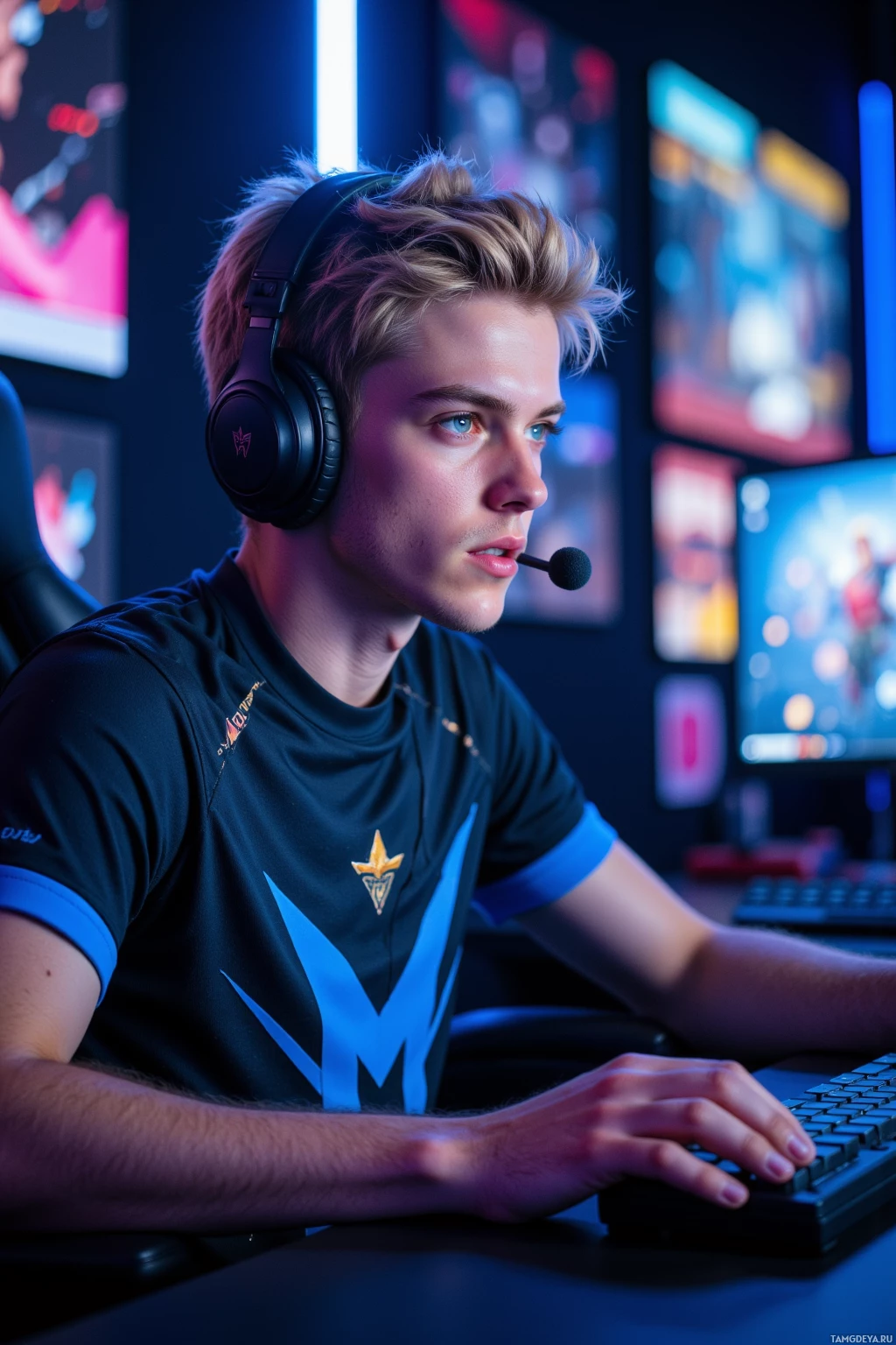 A person wearing headphones and a gaming jersey is seated at a desk with multiple monitors in the background.