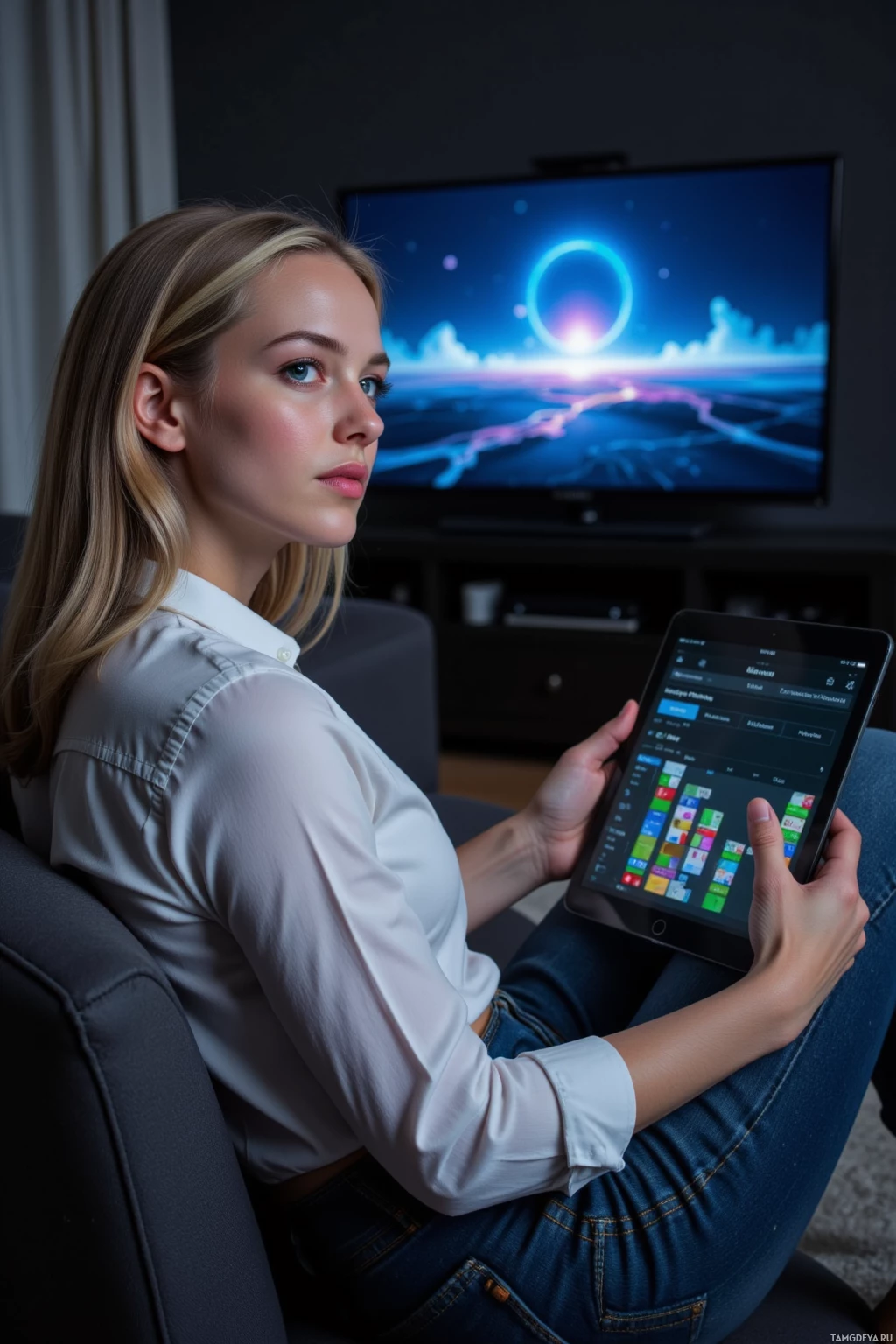 A person is sitting on a couch, holding a tablet and looking at a TV screen displaying a colorful, abstract image.