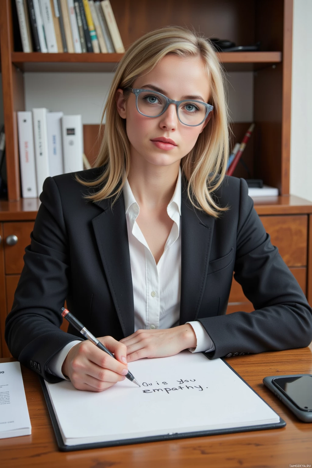 A person in a professional setting is writing on a notepad.