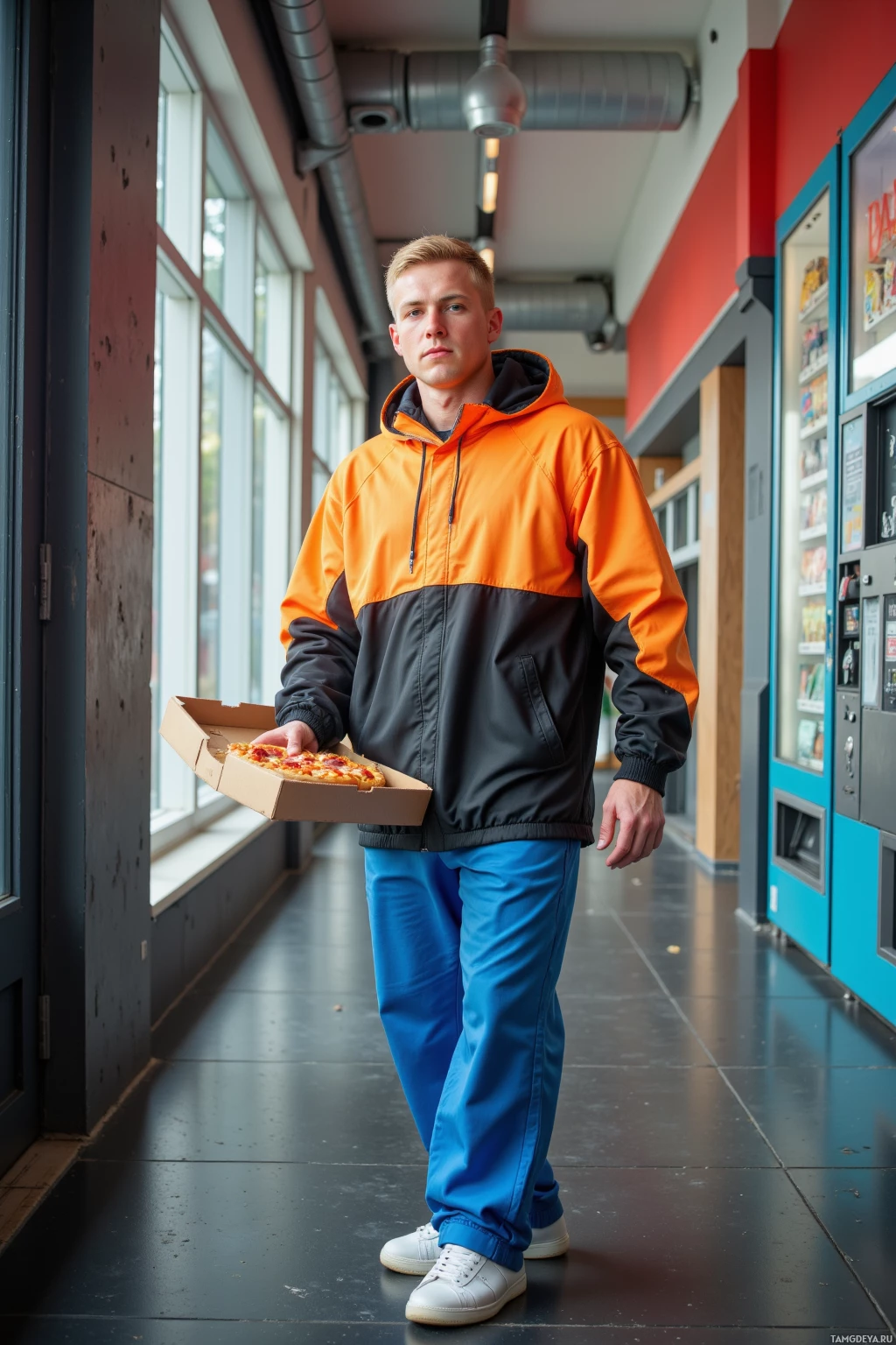 A person in an orange and black jacket holds a pizza box while walking through a hallway with vending machines on one side.