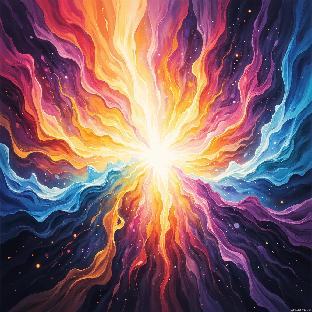 A vibrant cosmic explosion with swirling colors and bright light at the center.