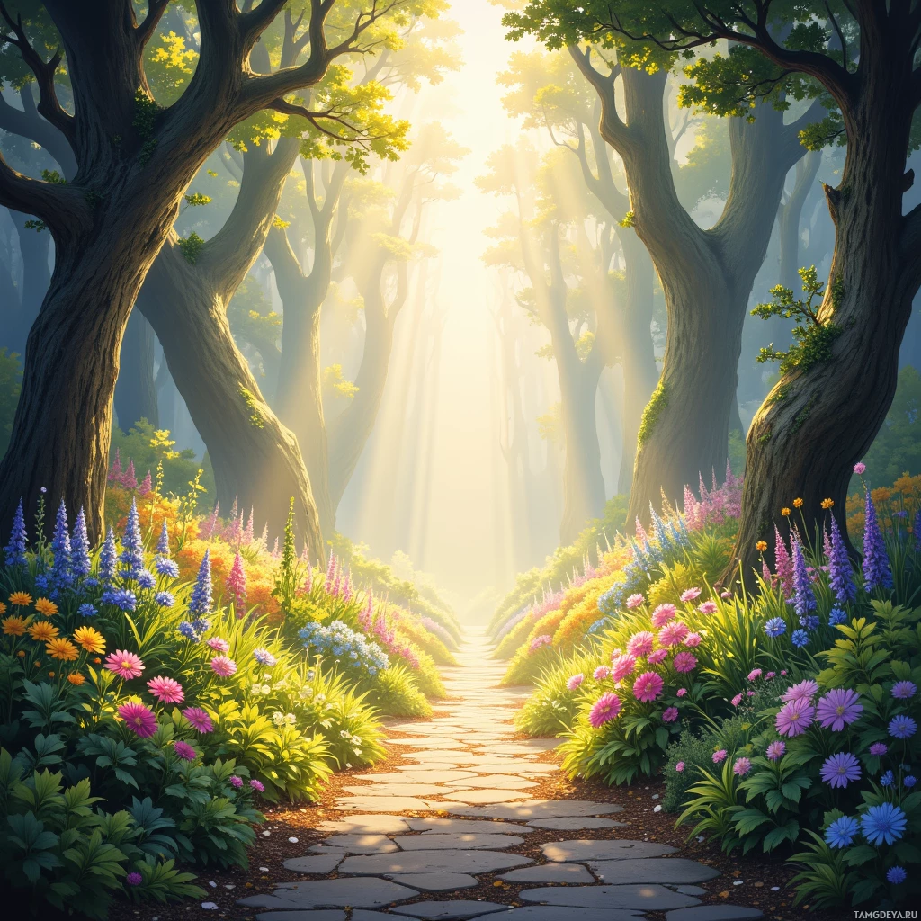 A sunlit forest path lined with vibrant flowers and towering trees.