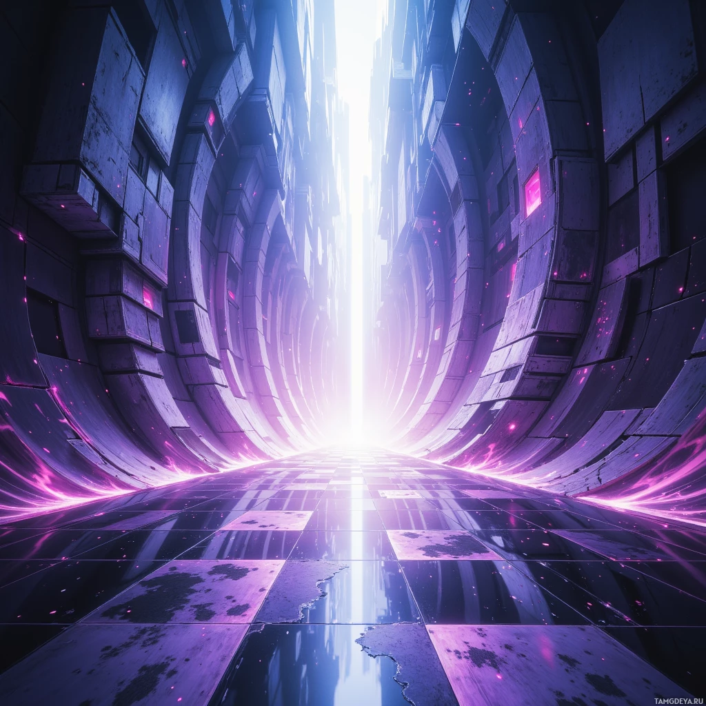 A futuristic tunnel with glowing purple lights and a bright light at the end.
