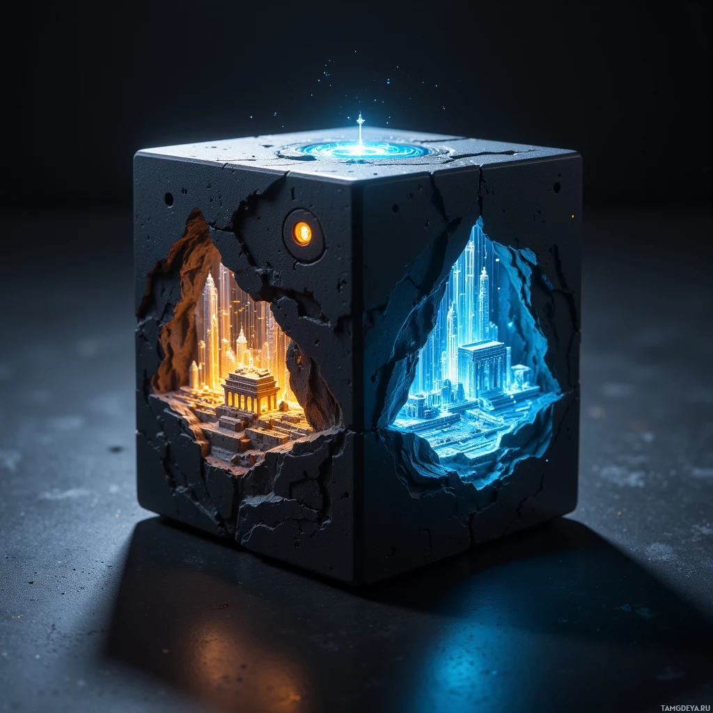 A cube with two glowing cityscapes inside, one orange and one blue, set against a dark background.
