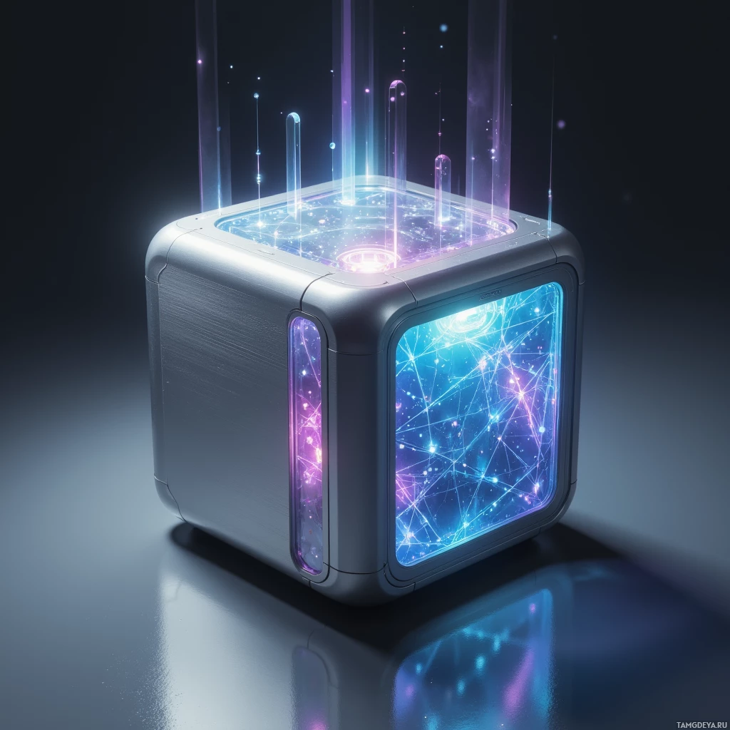 A futuristic cube with glowing, interconnected patterns and light beams emanating from its top.