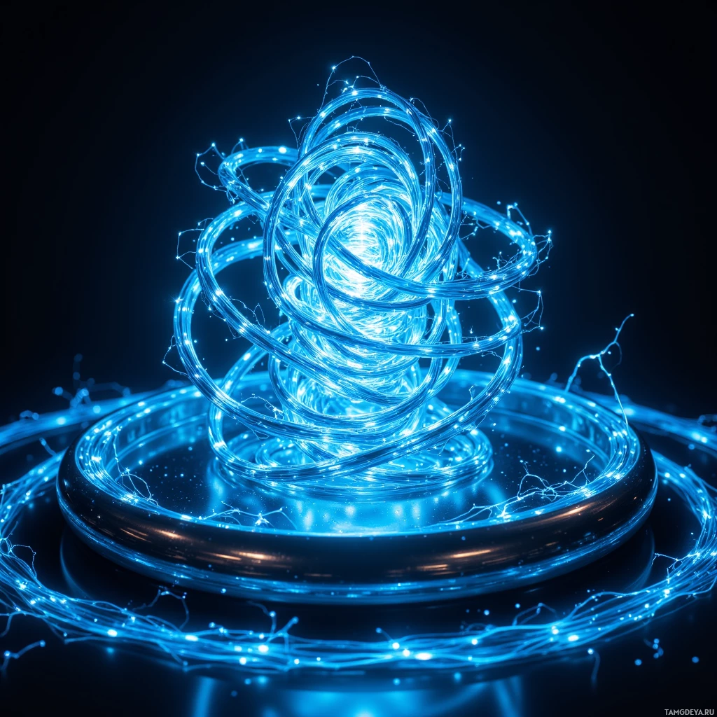 A glowing blue light sculpture with intricate loops and strands against a dark background.