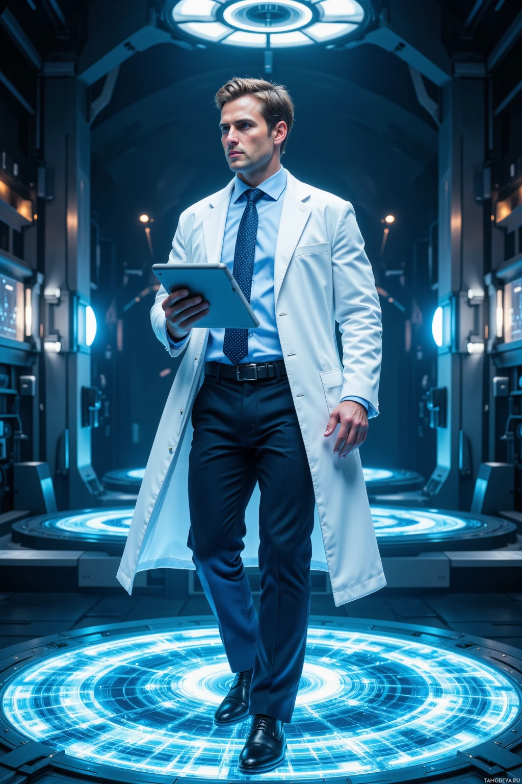 A person in a lab coat stands in a futuristic setting, holding a tablet.
