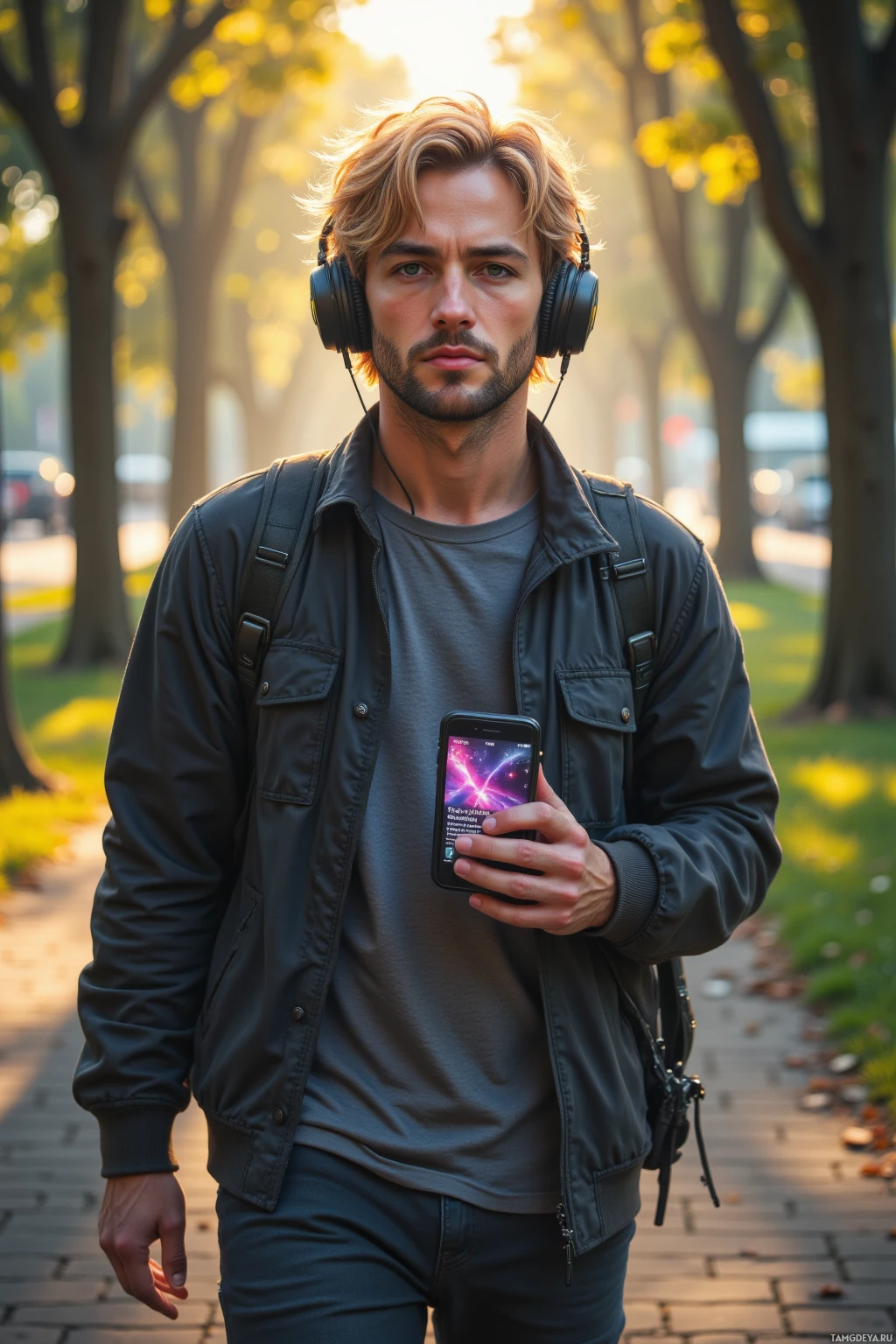 A person wearing headphones and holding a smartphone stands outdoors in a park-like setting with trees and sunlight filtering through.