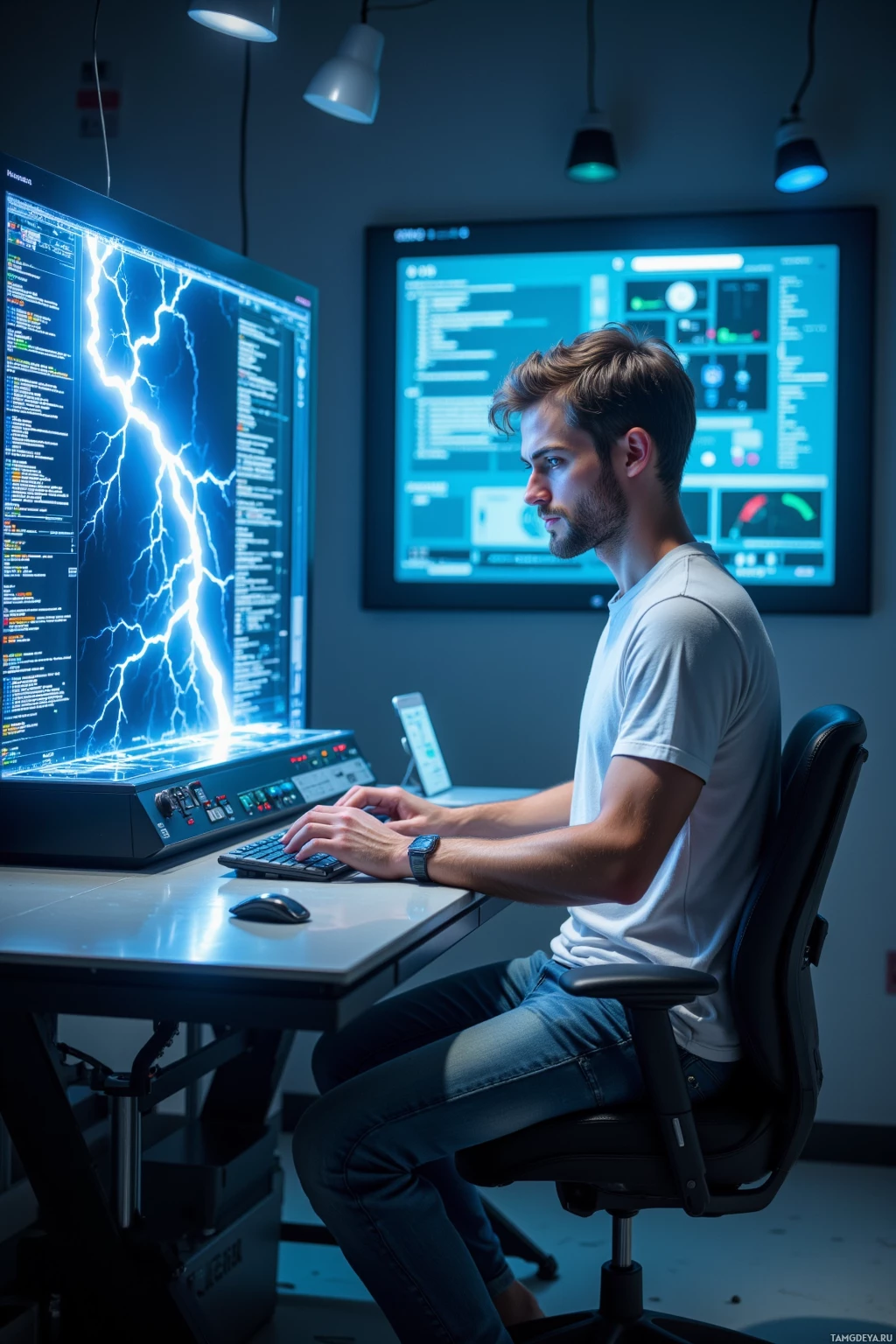 A person is seated at a desk working on a computer with multiple monitors displaying technical data and lightning imagery.