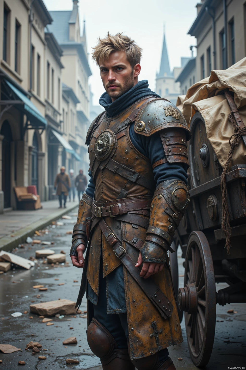 A person in medieval armor stands on a cobblestone street with a wagon and buildings in the background.