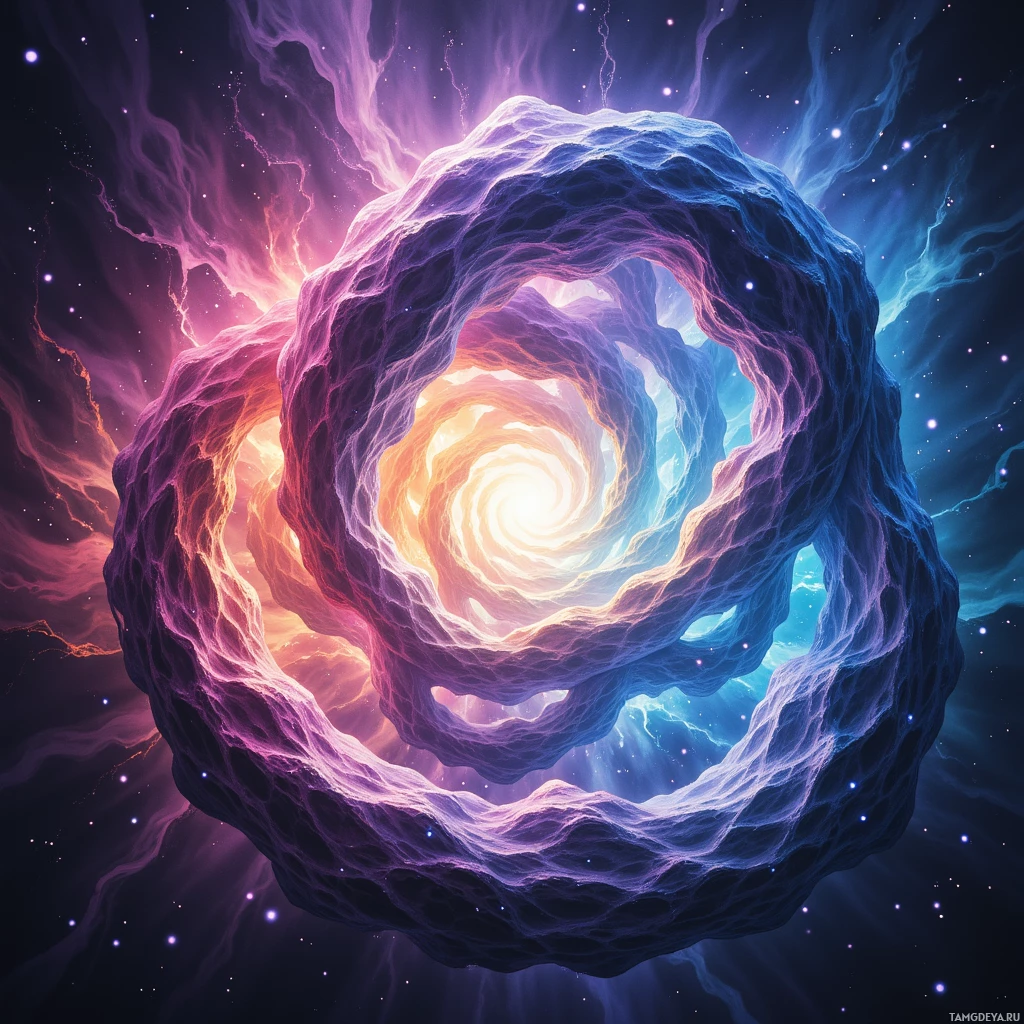 A vibrant cosmic portal with swirling colors and glowing edges set against a starry background.
