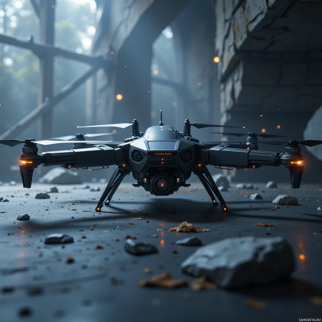 A futuristic drone with glowing lights is positioned in an industrial setting amidst debris and stone walls.