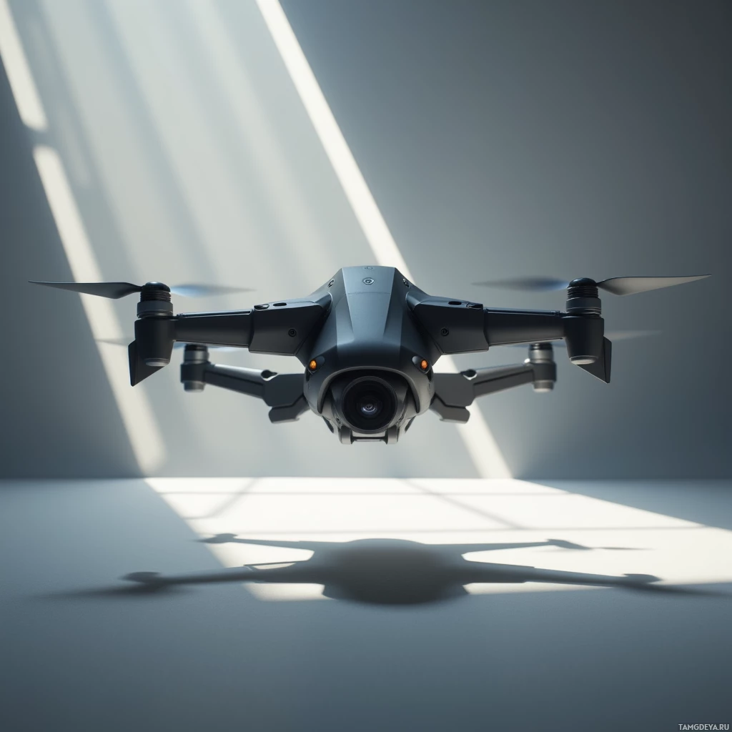 A drone with a camera and propellers is shown in flight against a light and shadow background.