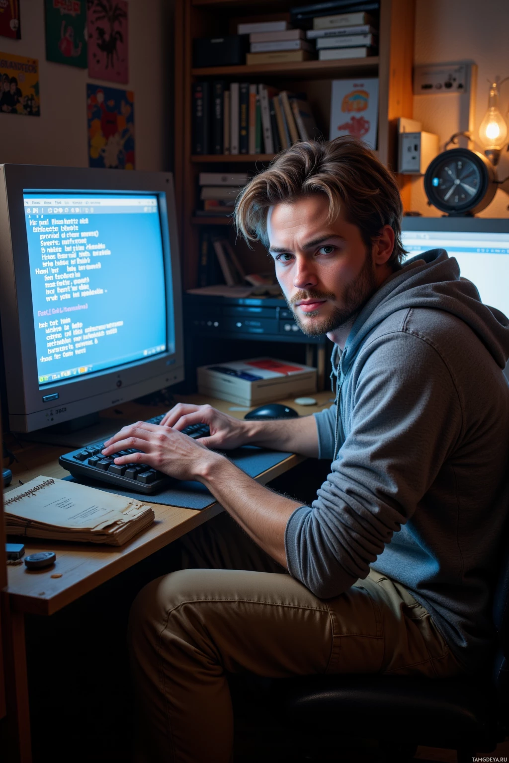 A person is sitting at a desk working on an old computer in a cozy room with books and decorations around.