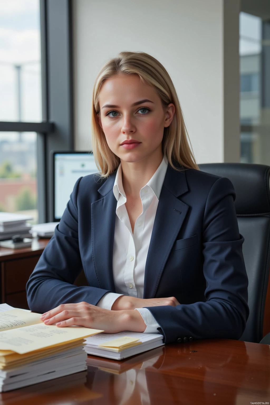 A woman in a professional setting, seated at a desk with documents, wearing a dark blazer and white shirt.
