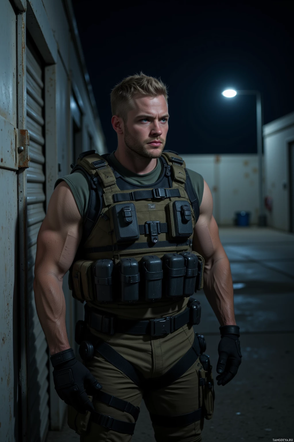 A person in tactical gear stands in a dimly lit urban setting.