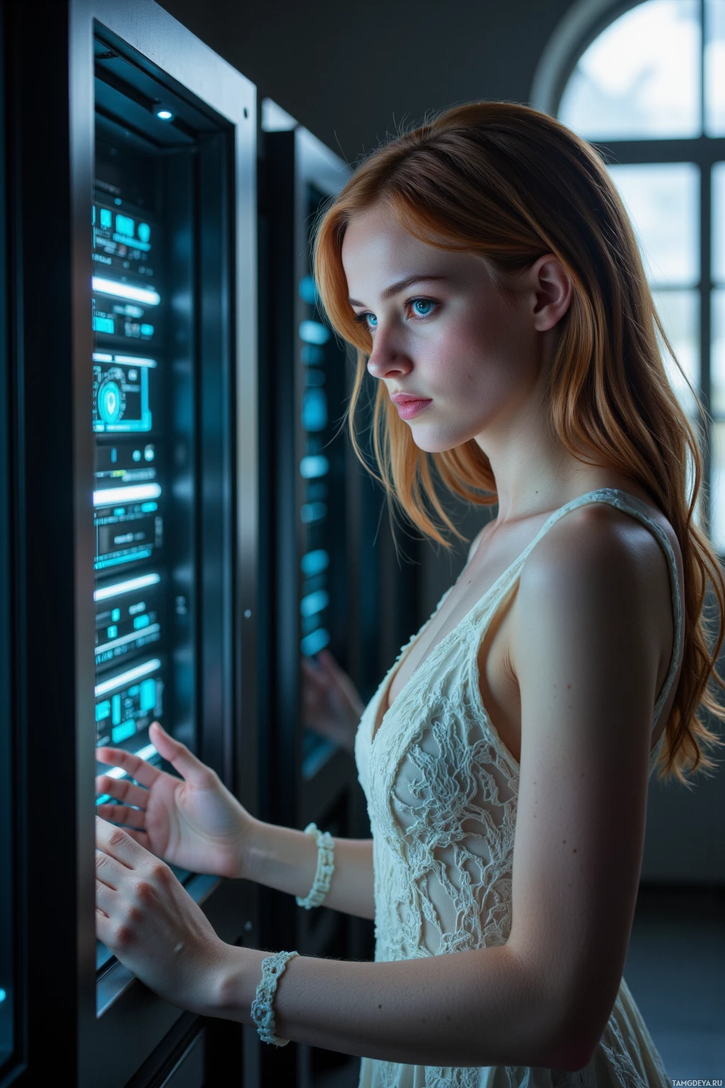 A person in a lace dress interacts with a high-tech interface.
