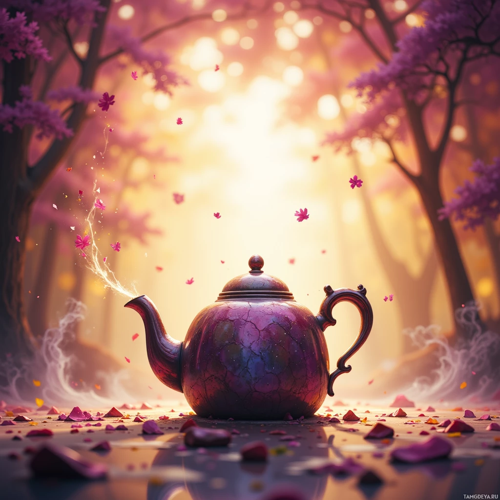 A purple teapot with smoke and petals in a dreamy forest setting.